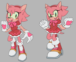 Size: 2048x1676 | Tagged: safe, artist:hibiscuit-rose, amy rose, hedgehog, alternate outfit, blushing, female, green sclera, grey background, heart, looking at viewer, posing, redesign, simple background, smile, solo, standing