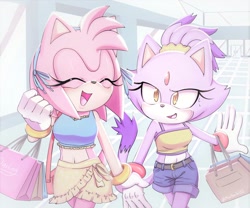 Size: 1800x1500 | Tagged: safe, artist:maibeibi02, amy rose, blaze the cat, cat, hedgehog, 2023, amy x blaze, cute, eyes closed, female, females only, holding hands, lesbian, mouth open, shipping, shopping bag, sweatdrop