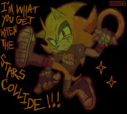 Size: 1764x1582 | Tagged: safe, artist:sonicpilled, sonic the hedgehog, super sonic, sonic frontiers, black background, boots, emo, emo sonic, english text, eyeshadow, fingerless gloves, fishnets, holding something, ring, shirt, simple background, smile, solo, spiked bracelet, star (symbol), super form, trans male, transgender, undefeatable (song)