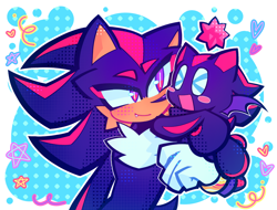 Size: 2048x1554 | Tagged: safe, artist:tailsnumber1fan, shadow the hedgehog, chao, abstract background, blushing, chaobetes, character chao, duo, eyes closed, looking at them, one fang, outline, shadow chao, smile