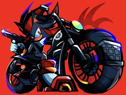 Size: 2048x1536 | Tagged: safe, artist:kuroiyuki96, shadow the hedgehog, g.u.n logo, gun, holding something, male, motorcycle, red background, shadow's logo, simple background, sitting, solo