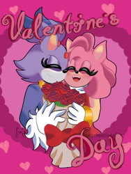 Size: 540x720 | Tagged: safe, artist:galaxyemotional27, amy rose, blaze the cat, cat, hedgehog, 2022, alternate version, amy x blaze, amy's halterneck dress, blaze's tailcoat, bouquet, cute, eyes closed, female, females only, flowers, lesbian, shipping, valentine's day