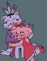 Size: 540x704 | Tagged: safe, artist:theserlingjewishcupcake, amy rose, blaze the cat, cat, hedgehog, 2022, amy x blaze, blushing, cute, eyes closed, female, females only, hugging, lesbian, shipping