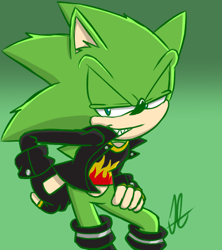 Size: 800x900 | Tagged: safe, artist:impulsive-doodles, scourge the hedgehog, hedgehog, asymmetrical footwear, blue eyes, boots, fingerless gloves, flame, gloves, green fur, jacket, male, sharp teeth, shirt, single knee boot, single thigh boot