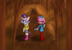 Size: 1024x710 | Tagged: safe, artist:eoswalden, amy rose, blaze the cat, cat, hedgehog, 2019, amy x blaze, autumn, cute, eyes closed, female, females only, lesbian, shipping, walking