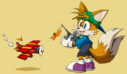 Size: 1619x945 | Tagged: safe, artist:sonicattos, miles "tails" prower, fox, backwards cap, edit, eyelashes, female, holding something, one fang, plane, purple shoes, remote controller, shirt, shorts, simple background, smile, solo, sonic channel style, standing, tomboy, trans female, transgender, yellow background