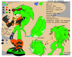 Size: 1024x821 | Tagged: safe, artist:xxblueravenxxx, scourge the hedgehog, hedgehog, asymmetrical legwear, bandage, bandage on leg, blue eyes, boots, character sheet, fingerless gloves, glasses, glasses on head, gloves, green fur, jacket, male, scars, sharp teeth, spindash, sunglasses