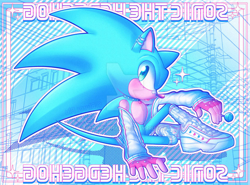 Size: 1040x768 | Tagged: safe, artist:blurryblu, sonic the hedgehog, hedgehog, asymmetrical legwear, blue fur, fingerless gloves, green eyes, jacket, lollipop, male, shoes, single kneehigh, single over-kneehigh, sneakers, socks, tongue out