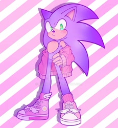 Size: 859x930 | Tagged: safe, artist:blurryblu, sonic the hedgehog, hedgehog, blue fur, green eyes, jacket, male, shoes, sneakers