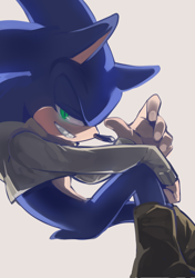 Size: 874x1240 | Tagged: safe, artist:lenmeu, sonic the hedgehog, hedgehog, blue fur, boots, green eyes, jacket, male