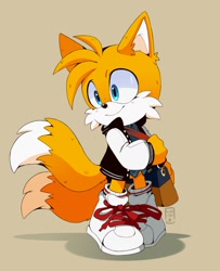 Size: 1037x1280 | Tagged: safe, artist:hikariviny, miles "tails" prower, fox, bag, blue eyes, jacket, male, orange fur, shirt, shoes, sneakers, socks