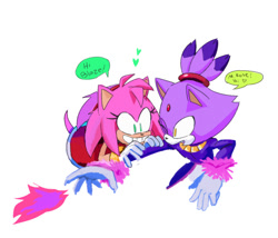 Size: 540x462 | Tagged: safe, artist:jiiniix, amy rose, blaze the cat, cat, hedgehog, 2022, amy x blaze, amy's halterneck dress, blaze's tailcoat, cute, english text, female, females only, flame, hands on arm, hearts, lesbian, shipping