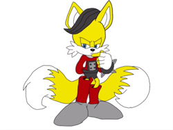 Size: 2048x1536 | Tagged: safe, artist:noooonswing, miles (anti-mobius), fox, asymmetrical footwear, blue eyes, boots, fingerless gloves, gloves, male, shorts, single knee boot, single thigh boot, spiked bracelet, sweater, yellow fur