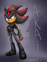 Size: 600x787 | Tagged: safe, artist:blizzardwolf, shadow the hedgehog, hedgehog, black fur, boots, glasses, glasses on head, jacket, male, red eyes, red fur, sunglasses