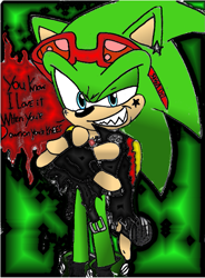 Size: 767x1041 | Tagged: safe, artist:4sonicfan, scourge the hedgehog, hedgehog, blue eyes, fingerless gloves, glasses, glasses on head, gloves, green fur, jacket, male, sharp teeth, shoes, sunglasses