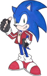 Size: 705x1134 | Tagged: safe, artist:gwencarson, sonic the hedgehog, hedgehog, blue fur, fingerless gloves, gloves, green eyes, jacket, male, necklace, shoes, socks