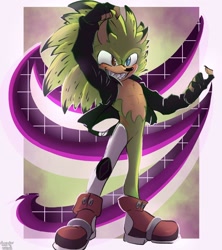 Size: 1280x1444 | Tagged: artist needed, safe, oc, oc:durian the quilladillo, asymmetrical legwear, blue eyes, fingerless gloves, gloves, green fur, heterochromia, jacket, male, quilladillo, red eyes, sharp teeth, shoes, single thighhigh