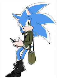 Size: 1129x1535 | Tagged: artist needed, safe, sonic the hedgehog, hedgehog, bag, blue fur, green eyes, jacket, male, shoes, shorts, smartphone