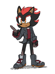 Size: 768x1024 | Tagged: safe, artist:zippityzap, shadow the hedgehog, hedgehog, black fur, boots, ear piercing, fingerless gloves, jacket, male, red eyes, red fur, shirt