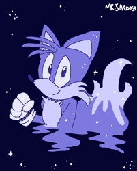 Size: 964x1198 | Tagged: safe, artist:mrjaco095, miles "tails" prower, classic tails, clenched fist, ghost, implied death, looking at viewer, nighttime, signature, smile, solo, sonic the hedgehog 2 (8bit), star (sky)