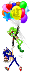 Size: 584x1369 | Tagged: safe, artist:scourgeydahedgie, scourge the hedgehog, sonic the hedgehog, hedgehog, balloon, birthday, blue eyes, blue fur, cake, fingerless gloves, glasses, glasses on head, gloves, green eyes, green fur, jacket, male, scars, shoes, socks, sunglasses