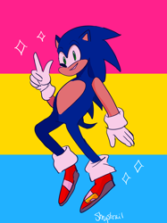 Size: 1280x1707 | Tagged: safe, artist:shystrail, sonic the hedgehog, pansexual, pansexual pride, pointing, pride flag background, signature, smile, solo, star (symbol)