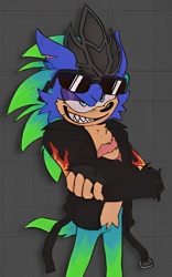 Size: 708x1136 | Tagged: safe, artist:firestarting, scourge the hedgehog, hedgehog, crown, fingerless gloves, glasses, jacket, male