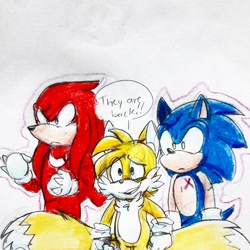 Size: 1216x1216 | Tagged: safe, artist:jokesitos-art, knuckles the echidna, miles "tails" prower, sonic the hedgehog, alternate universe, au:mad scientist, dialogue, english text, eye twitch, looking offscreen, smile, standing, team sonic, traditional media, trio