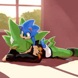 Size: 1080x1080 | Tagged: safe, artist:solar socks, scourge the hedgehog, sonic the hedgehog, hedgehog, blue fur, boots, eyes closed, fingerless gloves, gloves, green eyes, green fur, jacket, male, shoes off, socks