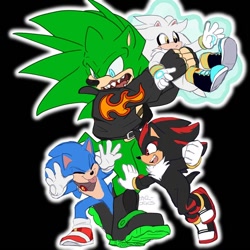 Size: 640x640 | Tagged: safe, artist:solar socks, scourge the hedgehog, shadow the hedgehog, silver the hedgehog, sonic the hedgehog, hedgehog, belt, black fur, blue eyes, blue fur, boots, fingerless gloves, gloves, green eyes, green fur, grey fur, jacket, male, red eyes, red fur, sharp teeth, shoes, socks, yellow eyes