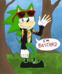 Size: 1280x1527 | Tagged: safe, artist:jollyelves, scourge the hedgehog, hedgehog, blue eyes, fingerless gloves, glasses, glasses on head, gloves, green fur, jacket, male, scars, sharp teeth, shoes, sunglasses