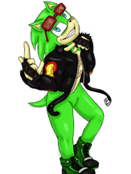 Size: 1200x1600 | Tagged: safe, artist:nyacat39, scourge the hedgehog, hedgehog, blue fur, fingerless gloves, glasses, glasses on head, gloves, green fur, jacket, male, scars, sharp teeth, shoes, sunglasses