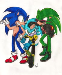 Size: 813x982 | Tagged: safe, artist:ikarithehedgehog, scourge the hedgehog, sonic the hedgehog, zonic the zone cop, hedgehog, blue eyes, blue fur, collar, fingerless gloves, glasses, gloves, green eyes, green fur, jacket, male, scars, shoes, socks, sunglasses, zone cop outfit