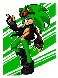 Size: 712x950 | Tagged: safe, artist:phishritzy, scourge the hedgehog, hedgehog, blue eyes, fingerless gloves, glasses, glasses on head, gloves, green fur, jacket, male, scars, shoes, sunglasses