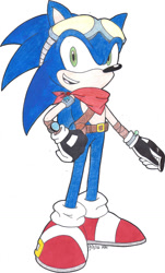 Size: 694x1151 | Tagged: safe, artist:gwencarson, sonic the hedgehog, hedgehog, belt, blue fur, gloves, goggles, goggles on head, green eyes, male, shoes, socks