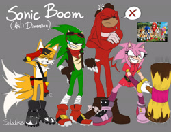 Size: 2048x1592 | Tagged: safe, artist:shitolodise, miles (anti-mobius), rosy the rascal, scourge the hedgehog, echidna, fox, hedgehog, alternate universe, anti-mobius, female, grey background, group, male, o'nux (anti-mobius), outline, piko piko hammer, reference inset, signature, simple background, sonic boom (tv), standing