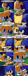 Size: 850x2340 | Tagged: safe, artist:arcticcryptid, miles "tails" prower, sonic the hedgehog, comic:sontails confession, 2021, abstract background, blushing, comic, cute, dialogue, duo, english text, gay, grass, hugging, kiss, nighttime, outdoors, panels, shipping, sitting, sonabetes, sonic x tails, speech bubble, star (sky), tailabetes, tree