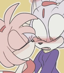 Size: 540x618 | Tagged: safe, artist:artyyline, amy rose, blaze the cat, cat, hedgehog, 2018, amy x blaze, amy's halterneck dress, blaze's tailcoat, blushing, cute, eyes closed, female, females only, kiss on cheek, lesbian, shipping