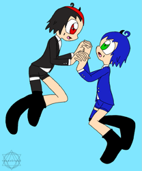 Size: 815x981 | Tagged: safe, artist:noooonswing, shadow the hedgehog, sonic the hedgehog, human, asymmetrical footwear, asymmetrical legwear, black hair, blazer, blue hair, boots, green eyes, horn, humanized, male, red eyes, red hair, shirt, shorts, single boot, single knee boot, single leg pantyhose, single thighhigh