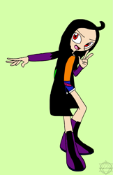 Size: 719x1112 | Tagged: safe, artist:noooonswing, oc, oc:thunder dark the hedgemouse, human, belt, black hair, boots, female, green hair, horn, humanized, jacket, red eyes, shirt, shorts