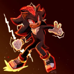 Size: 828x828 | Tagged: safe, artist:solar socks, shadow the hedgehog, hedgehog, black fur, gloves, male, movie style, red eyes, red fur, shoes