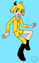 Size: 709x1127 | Tagged: safe, artist:noooonswing, human, asymmetrical footwear, asymmetrical legwear, blazer, boots, fleetway super sonic, horn, humanized, male, red eyes, shirt, shorts, single boot, single knee boot, single thighhigh, yellow hair