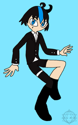 Size: 709x1127 | Tagged: safe, artist:noooonswing, mephiles the dark, human, asymmetrical footwear, asymmetrical legwear, black hair, blazer, blue eyes, blue hair, boots, horn, humanized, male, shirt, shorts, single boot, single knee boot, single leg pantyhose, single thighhigh