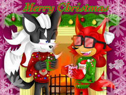 Size: 1032x774 | Tagged: safe, artist:star-shiner, gadget the wolf, infinite the jackal, jackal, wolf, black fur, blue eyes, christmas, eyes closed, glasses, heterochromia, male, mug, red fur, sweater, yellow eyes