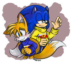 Size: 568x498 | Tagged: artist needed, safe, miles "tails" prower, sonic the hedgehog, fox, hedgehog, blue eyes, blue fur, green eyes, male, orange fur, sweater