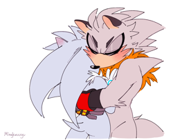 Size: 1166x949 | Tagged: safe, artist:mingkeuuyu, silver the hedgehog, hedgehog, blushing, blushing ears, brown tipped ears, colored ears, duo, duo male, eyes closed, gay, grey fur, hugging, male, males only, neck fluff, shipping, simple background, standing, venice the hedgehog, venilver, white background