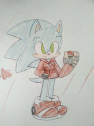 Size: 774x1031 | Tagged: safe, artist:sonic-star14, sonic the hedgehog, hedgehog, blue fur, cute, fingerless gloves, green eyes, hoodie, male, pokeball, shoes, socks, sonabetes, traditional media