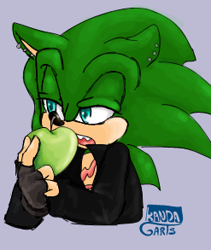 Size: 247x293 | Tagged: safe, artist:yuki-takimura, scourge the hedgehog, hedgehog, apple, blue eyes, fingerless gloves, gloves, green fur, jacket, male, scars