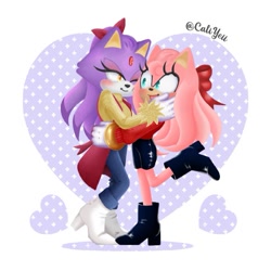 Size: 589x589 | Tagged: safe, artist:caliyeii, amy rose, blaze the cat, cat, hedgehog, 2023, amy x blaze, blushing, cute, female, females only, hugging, lesbian, one eye closed, shipping