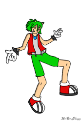 Size: 1042x1533 | Tagged: safe, artist:noooonswing, manik the hedgehog, human, gloves, green hair, humanized, male, one eye closed, shoes, shorts, sleeveless shirt, socks, spiked bracelet, vest, yellow eyes